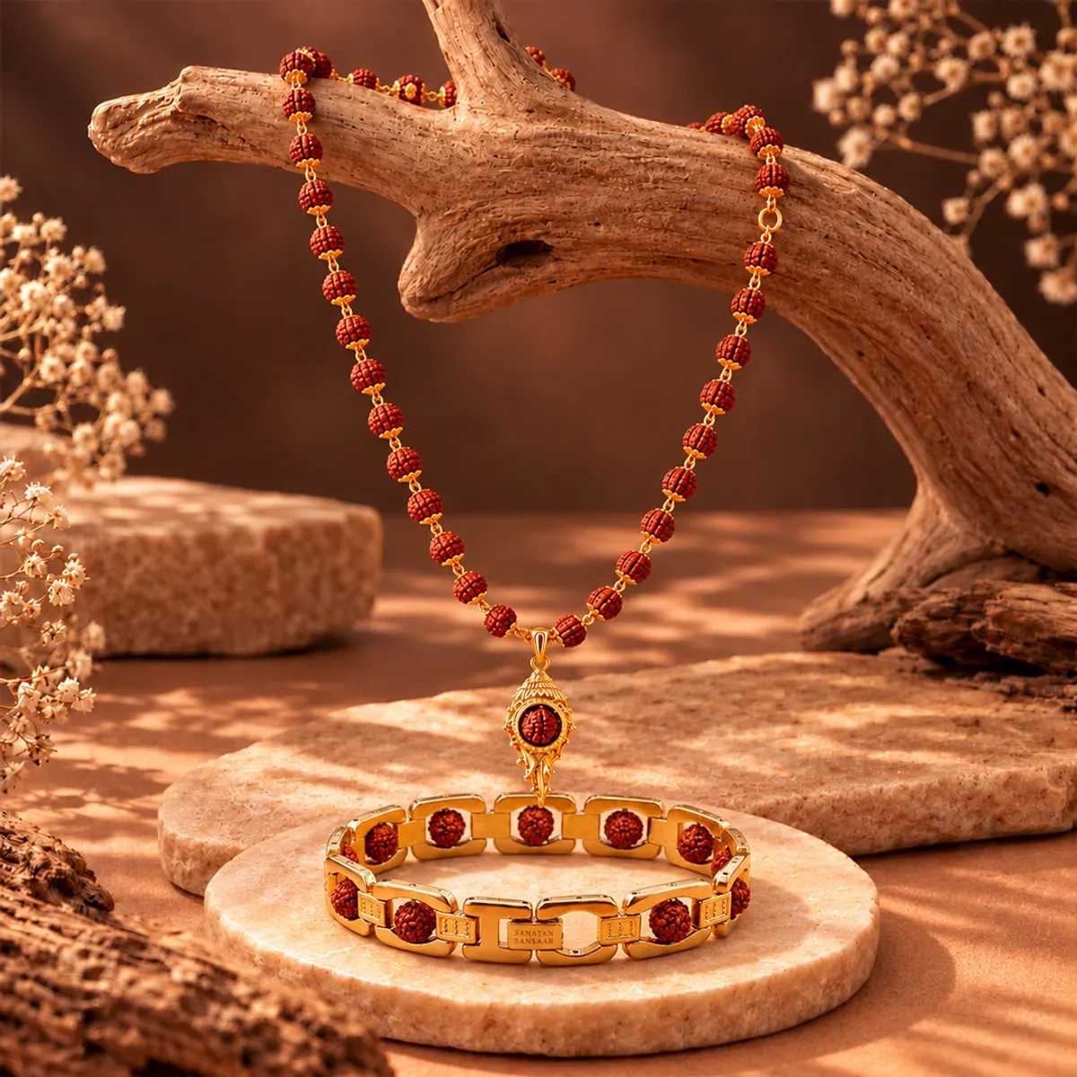 Rudraksha Mala with Shankh + Panchmukhi Rudraksha Bracelet Combo