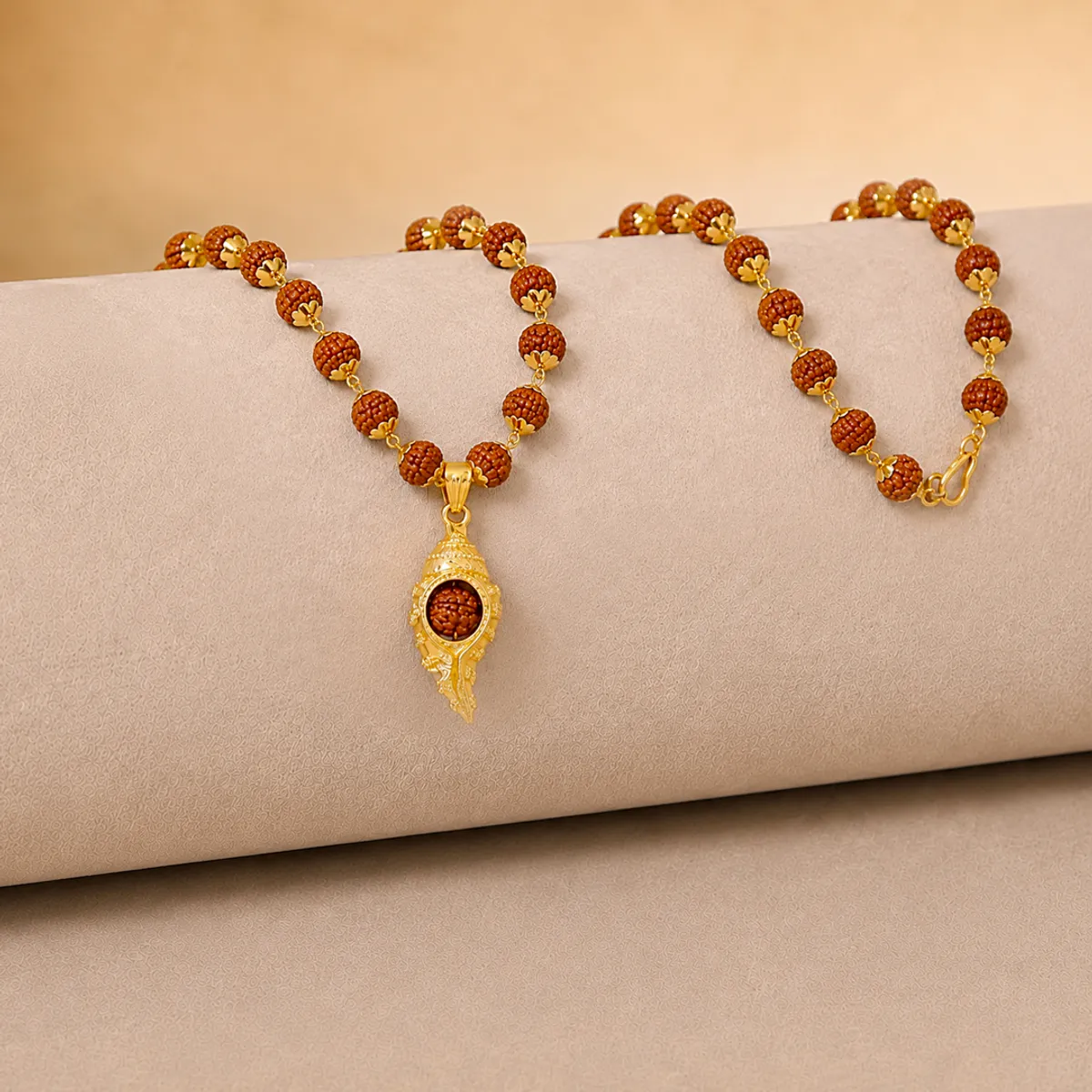5 Mukhi Rudraksha Mala with Gold - Plated Shankh Pendant