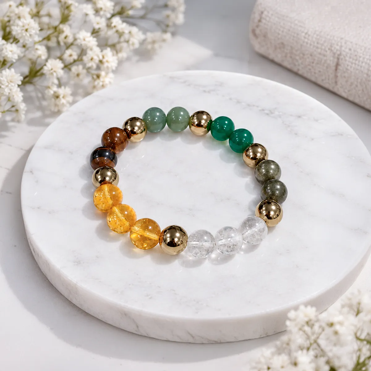 Dhanyog Money Magnet 10mm - Pyrite, Citrine & Green Aventurine Bracelet for Wealth & Abundance