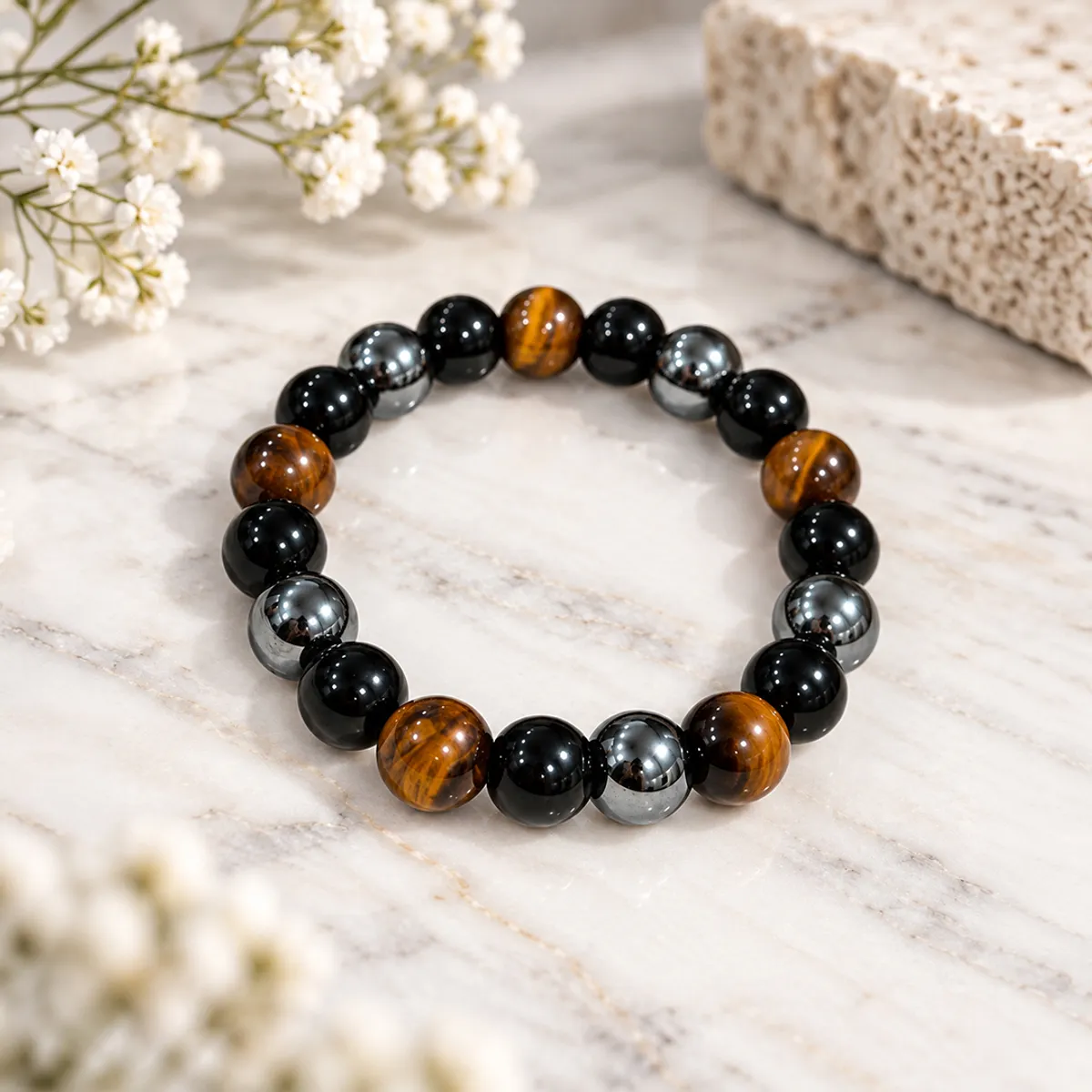 Triple Protection Bracelet 10mm - Black Obsidian, Tiger Eye & Hematite